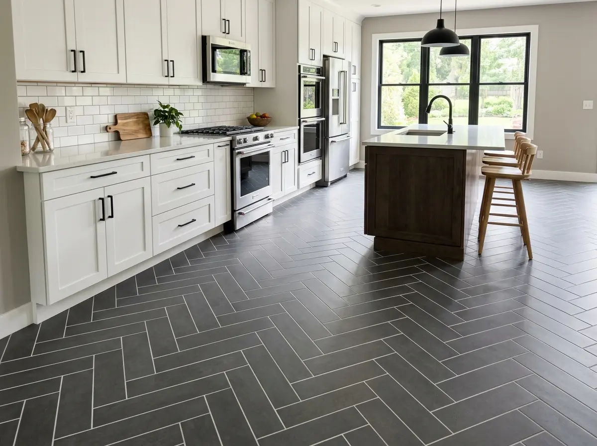Herringbone porcelain tile kitchen floor remodel in Mankato MN — dark charcoal tile with white shaker cabinets and walnut island