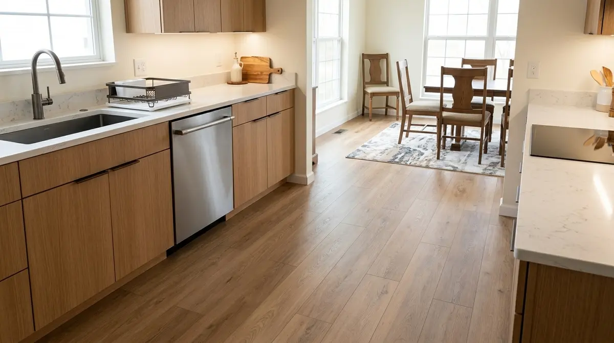 Kitchen flooring after replacement in Mankato MN — new wide-plank oak LVP in modern Scandinavian kitchen with flat-panel cabinets and white quartz countertops