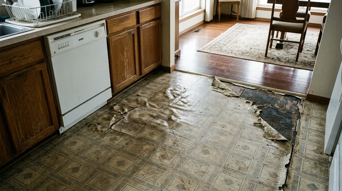 Kitchen flooring before replacement in Mankato MN — damaged peeling sheet vinyl flooring with dated oak cabinets