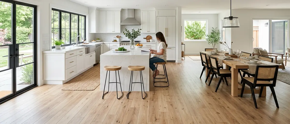 Wide-plank LVP flooring installation in Mankato MN kitchen — natural oak luxury vinyl plank in open-concept farmhouse kitchen with white shaker cabinets and quartz waterfall island