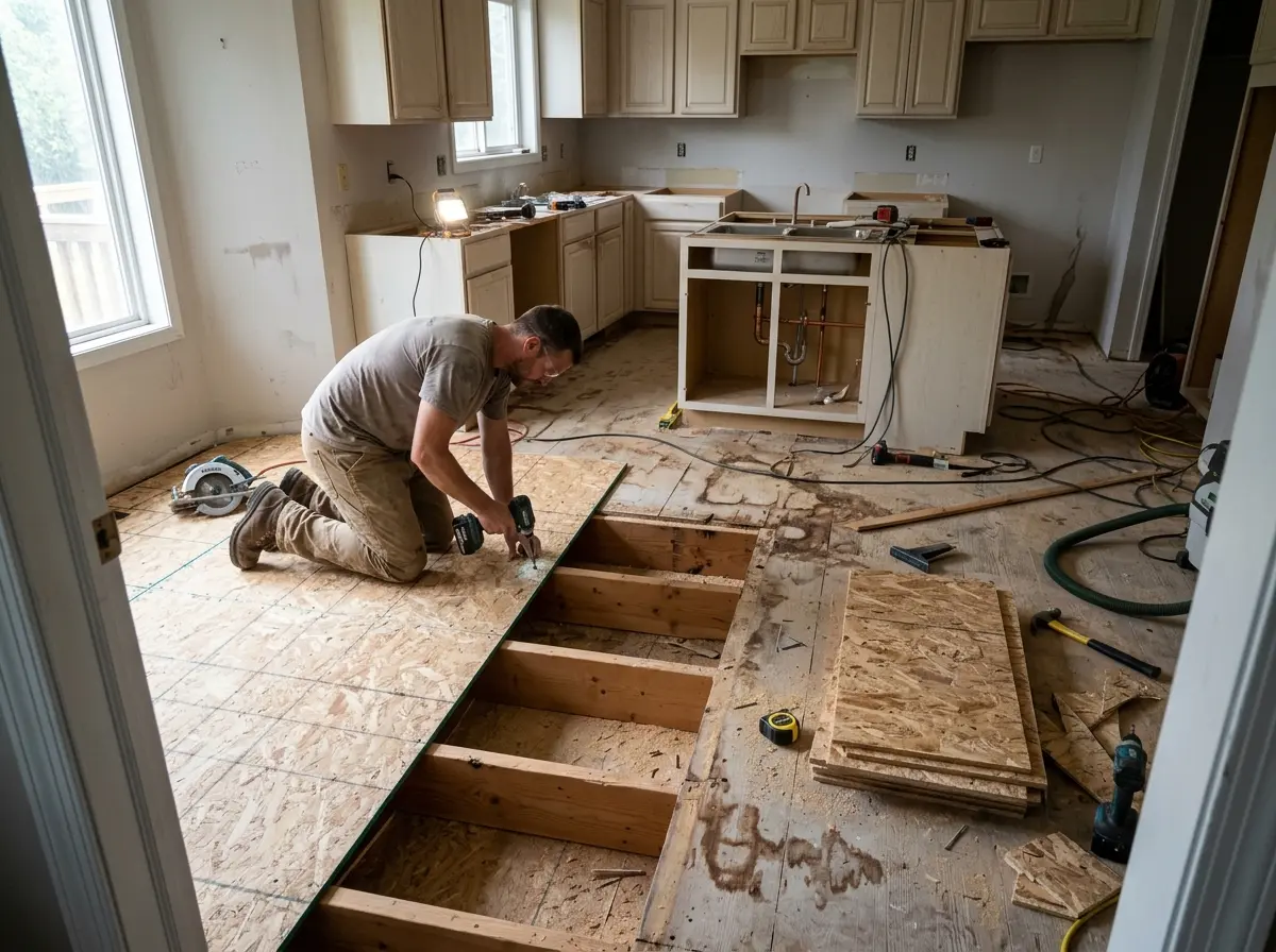 Kitchen subfloor repair and replacement in Mankato MN — contractor replacing damaged OSB subfloor before new flooring installation