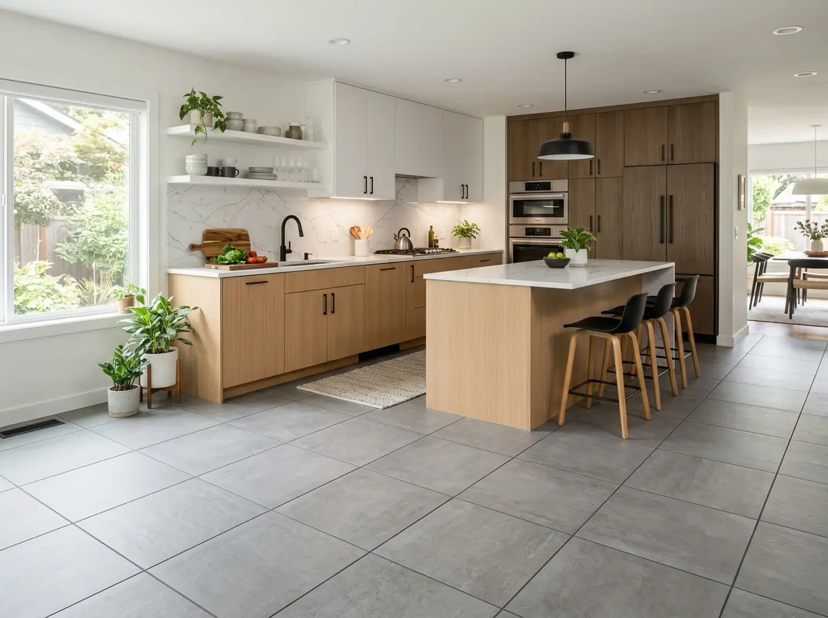 Large-format concrete-look tile kitchen floor in Mankato MN — modern two-tone oak and white cabinetry with gray porcelain tile