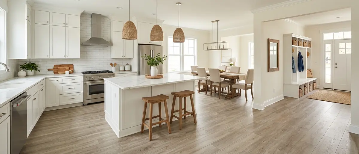 LVP flooring installation through kitchen and dining room in Mankato MN — gray-washed oak luxury vinyl plank in coastal farmhouse kitchen with white shaker cabinets