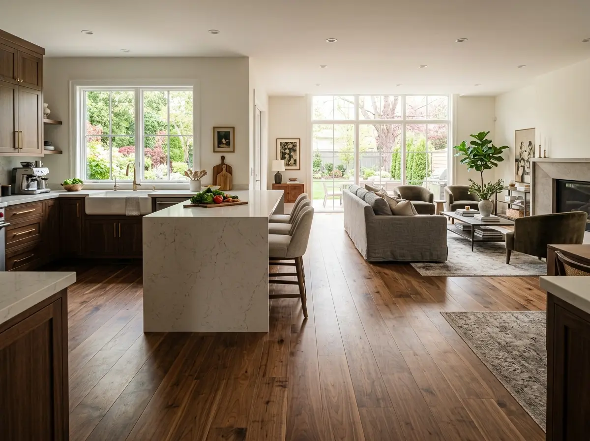 Walnut hardwood kitchen floor remodel in Mankato MN — wide-plank engineered hardwood in open-concept kitchen with dark shaker cabinets and white quartz waterfall island