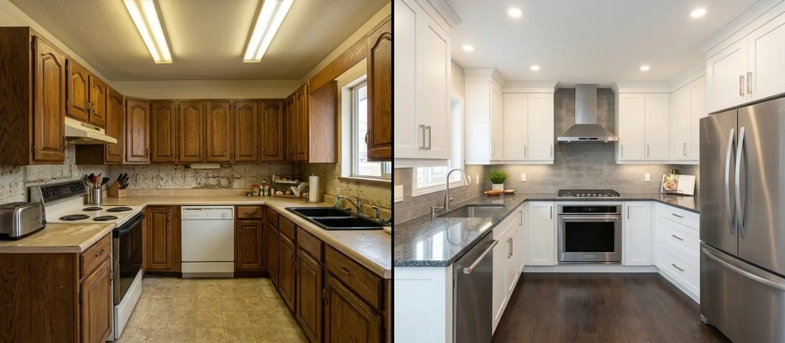Before and after kitchen remodel in Mankato — dark oak cabinets and laminate countertops replaced with white shaker cabinets, dark granite countertops, and recessed lighting