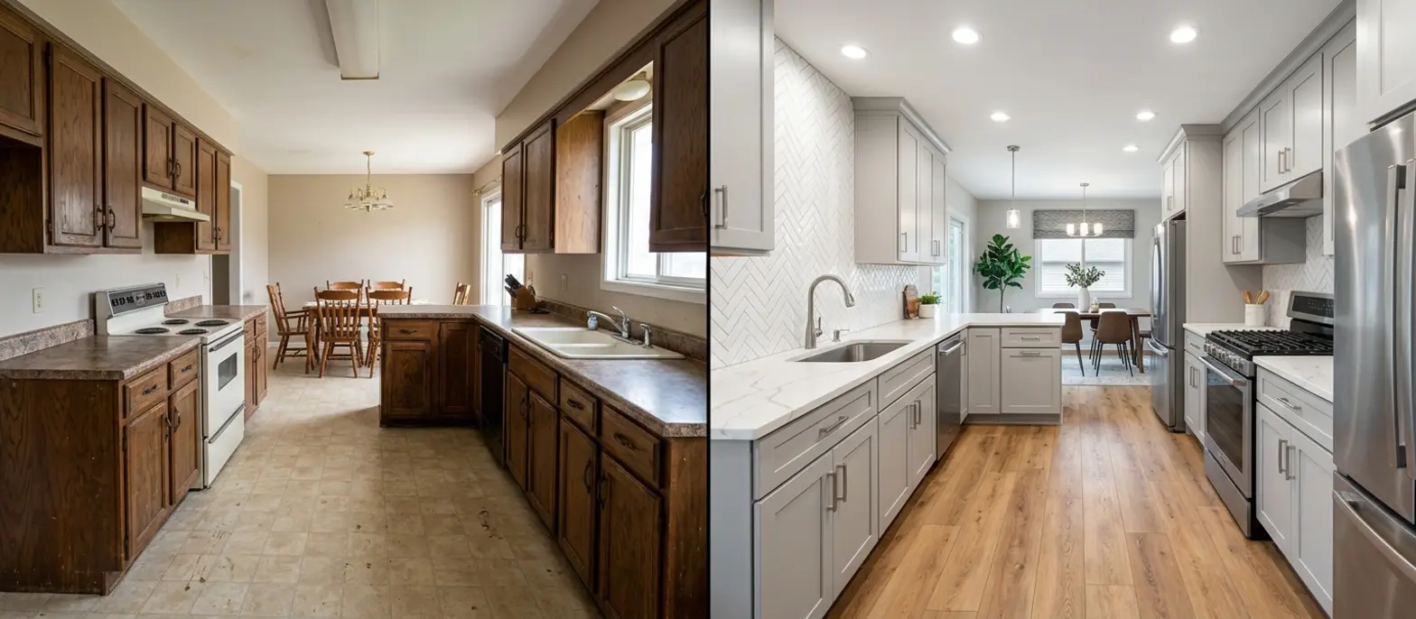 Before and after kitchen renovation in Mankato — worn tile flooring and plain walls replaced with warm oak LVP flooring and herringbone white subway tile backsplash