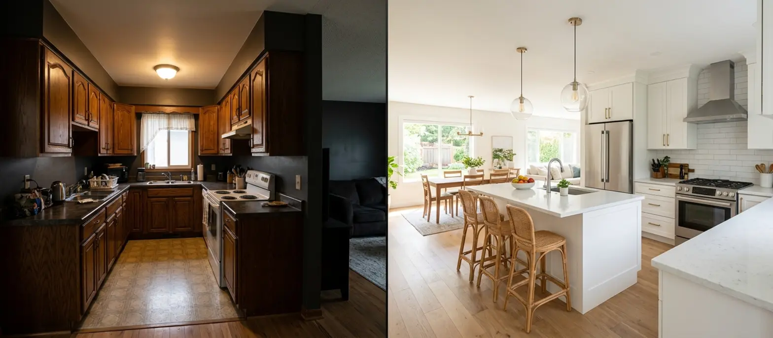 Before and after open concept kitchen remodel in Mankato — enclosed dark kitchen with oak cabinets transformed into open-plan space with island, white cabinets, and pendant lighting