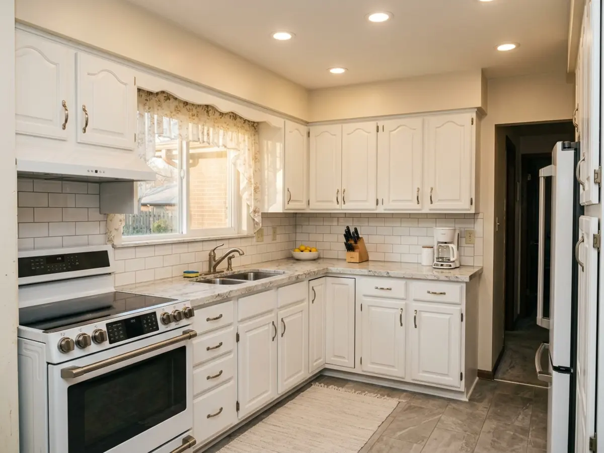 After photo — country-style kitchen remodel with white raised-panel cabinets, granite countertops, white subway tile, and brushed nickel hardware in Hilltop, Mankato, MN