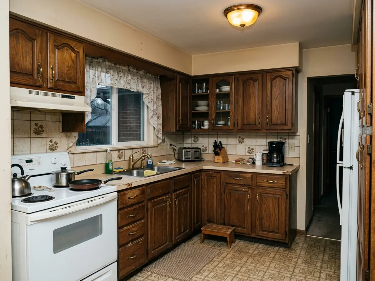 Before photo — dated Hilltop kitchen with worn dark oak cabinets, chipped laminate countertops, and an older floral tile backsplash in Mankato, MN