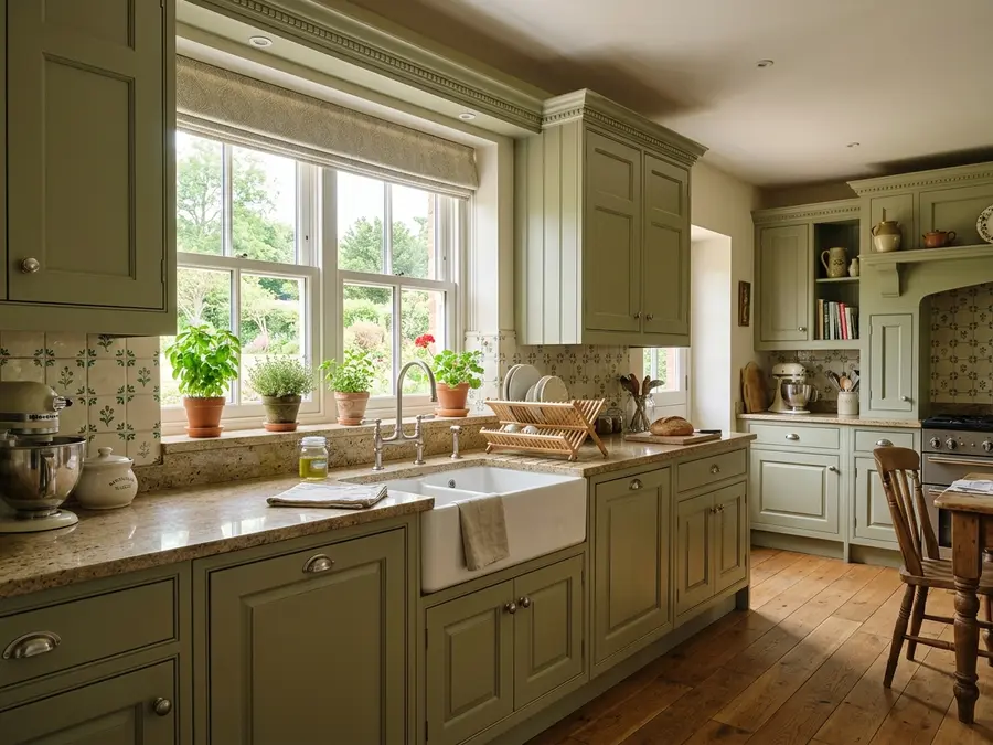 Country kitchen remodel in Mankato with sage green raised-panel cabinets, decorative crown molding, granite countertops, and patterned tile backsplash
