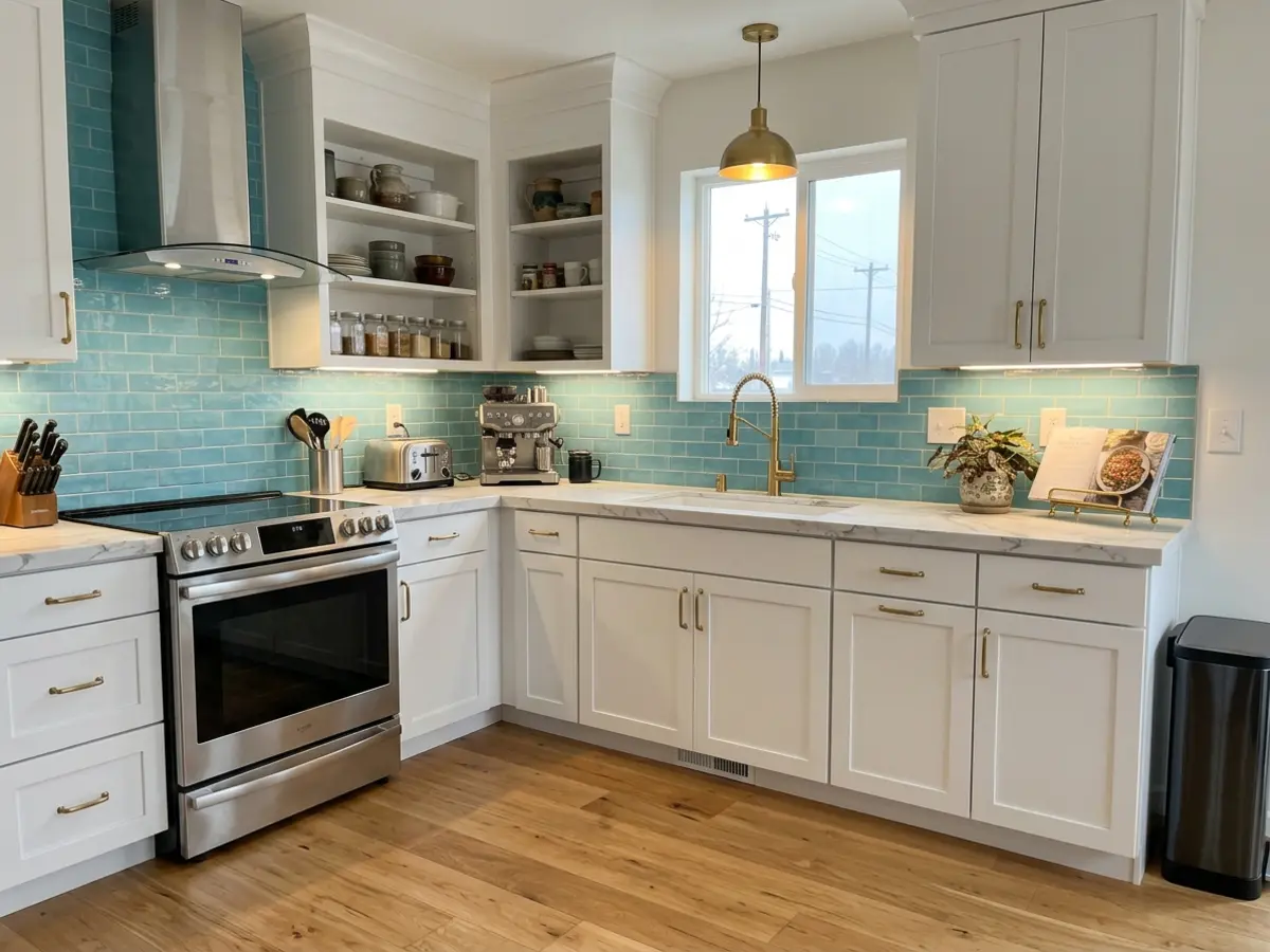 After photo — farmhouse kitchen remodel with white shaker cabinets, butcher block countertops, open shelving, and warm wood flooring in Washington Park, Mankato, MN