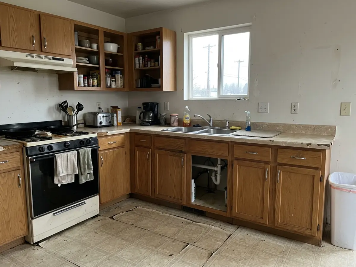 Before photo — basic kitchen with worn vinyl flooring, builder-grade oak cabinets, and bare painted walls before a farmhouse remodel in Washington Park, Mankato, MN