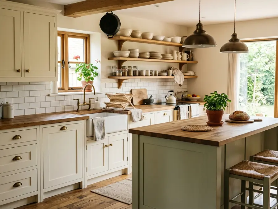 Farmhouse kitchen remodel in Mankato with cream shaker cabinets, apron-front sink, butcher block countertops, open shelving, and brass fixtures