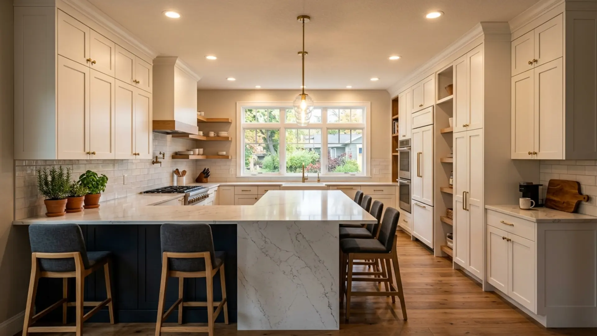 Professionally remodeled kitchen in Mankato MN with white shaker cabinets, quartz island, recessed lighting, and warm natural light