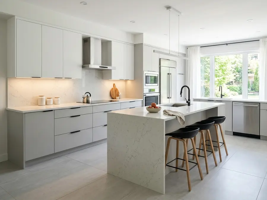 Modern kitchen remodel in Mankato with flat-panel grey cabinets, white quartz waterfall island, matte black fixtures, and recessed LED lighting