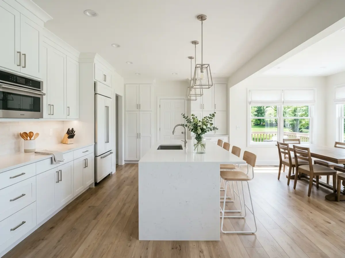 After photo — open-concept kitchen remodel with a large white quartz island, white shaker cabinets, recessed lighting, and continuous LVP flooring in North Mankato, MN
