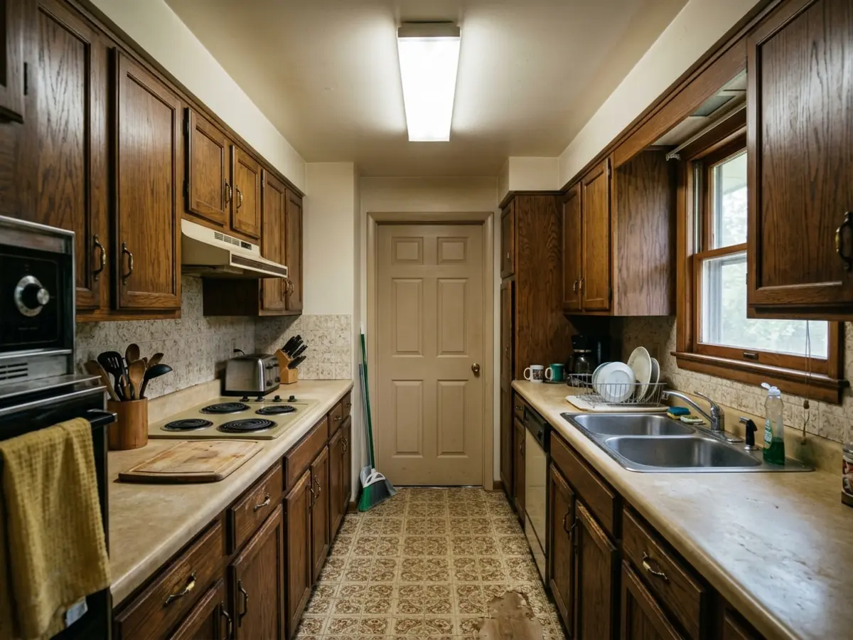 Before photo — closed-off galley kitchen with dark oak cabinets, beige laminate counters, and a wall separating the kitchen from the dining area in North Mankato, MN