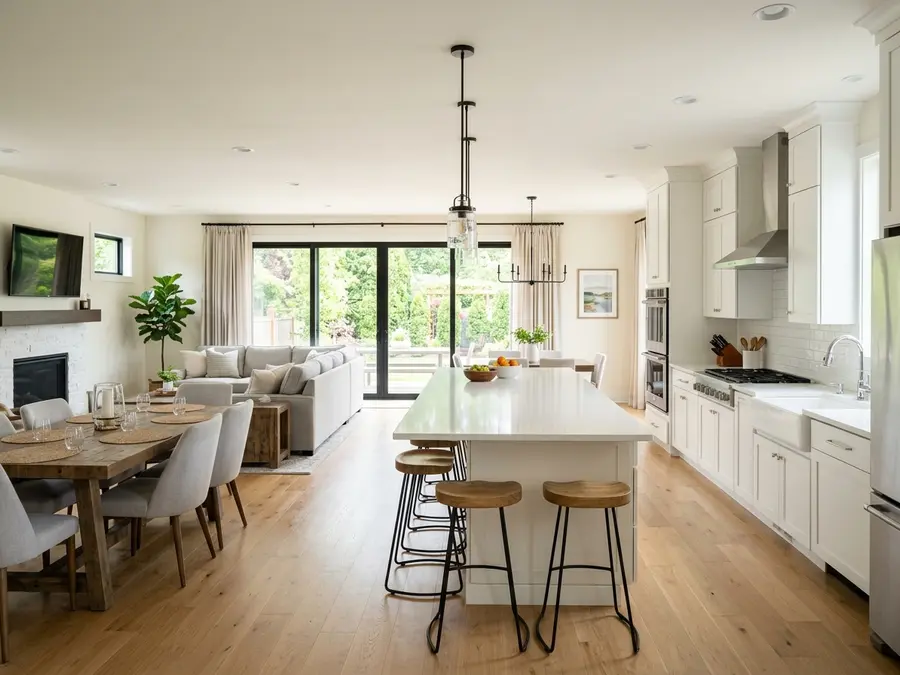 Open concept kitchen remodel in Mankato flowing into dining and living area — large island with seating, white shaker cabinets, quartz countertops, and hardwood floors