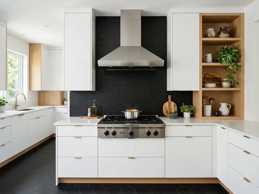 Full-height matte black geometric tile backsplash behind gas range floor to ceiling with stainless steel range hood and white cabinets, North Mankato kitchen remodel