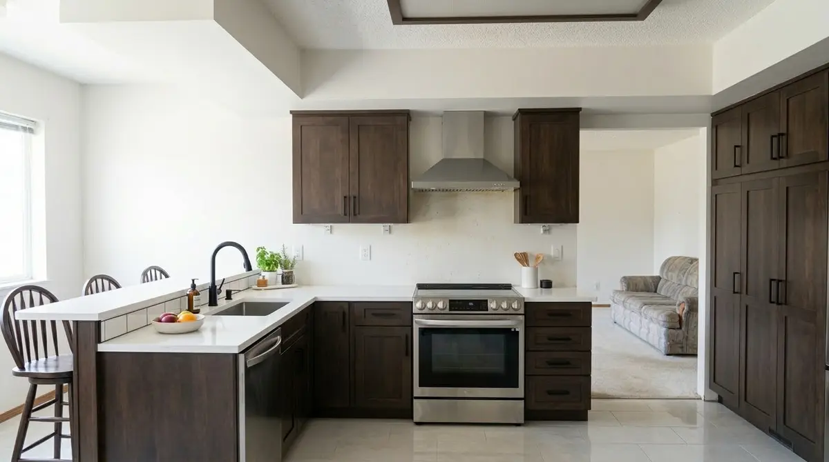 Before renovation: plain painted drywall backsplash between countertop and upper cabinets with grease staining near range, dated South Mankato kitchen with no tile