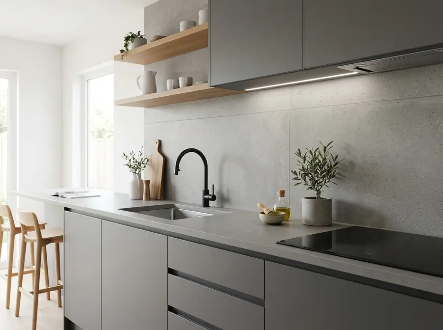 Large format 24x48 porcelain slab backsplash in concrete-look finish with near-invisible grout lines and matching quartz countertop, modern Mankato kitchen