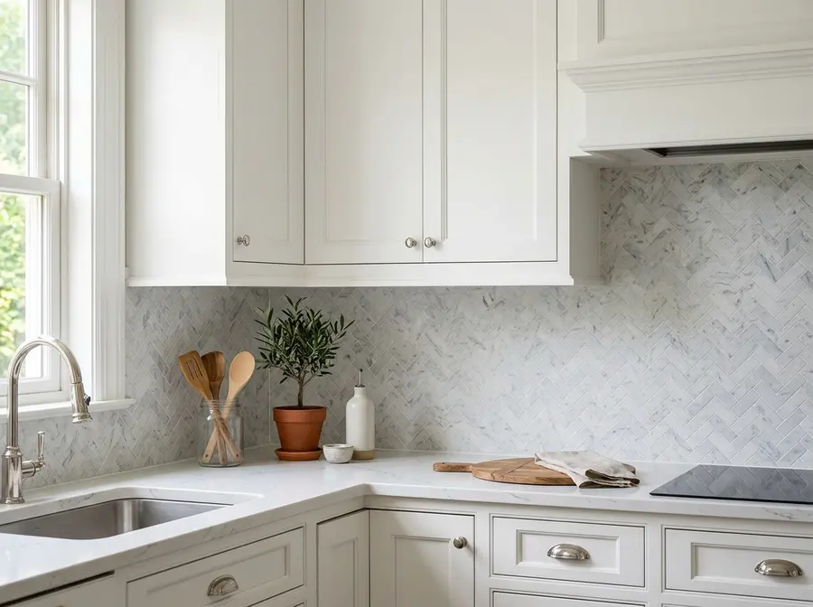 Carrara marble mosaic tile backsplash in herringbone pattern with white unsanded grout, white shaker cabinets and polished quartz countertop, Mankato kitchen