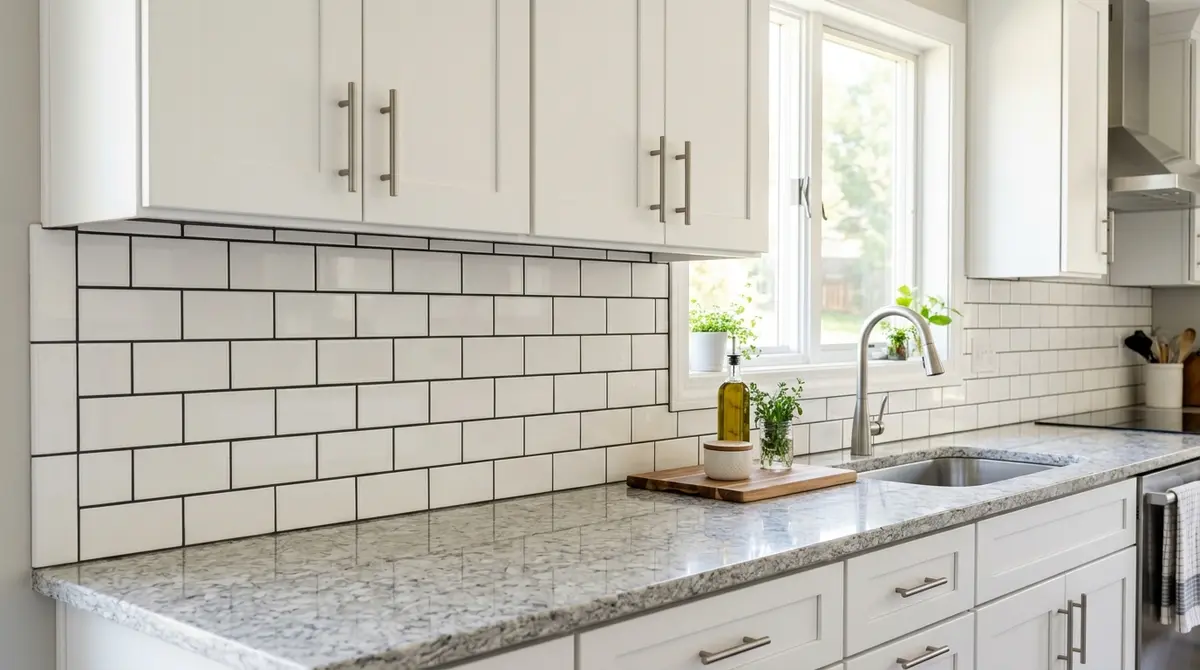 White 3x6 ceramic subway tile backsplash in classic running bond pattern with dark charcoal grout, bright Mankato kitchen with white cabinets and stone countertop