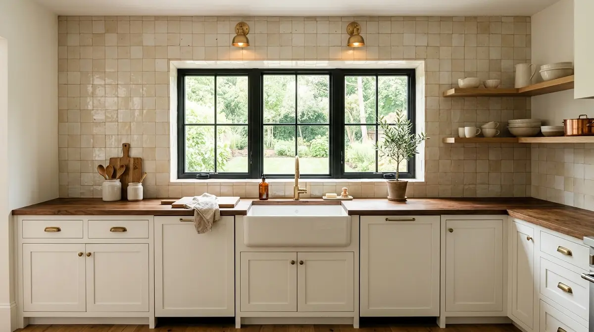 Warm cream handmade zellige tile backsplash with natural glaze variation covering full wall including window surround, white shaker cabinets and butcher block countertop, farmhouse kitchen Mankato