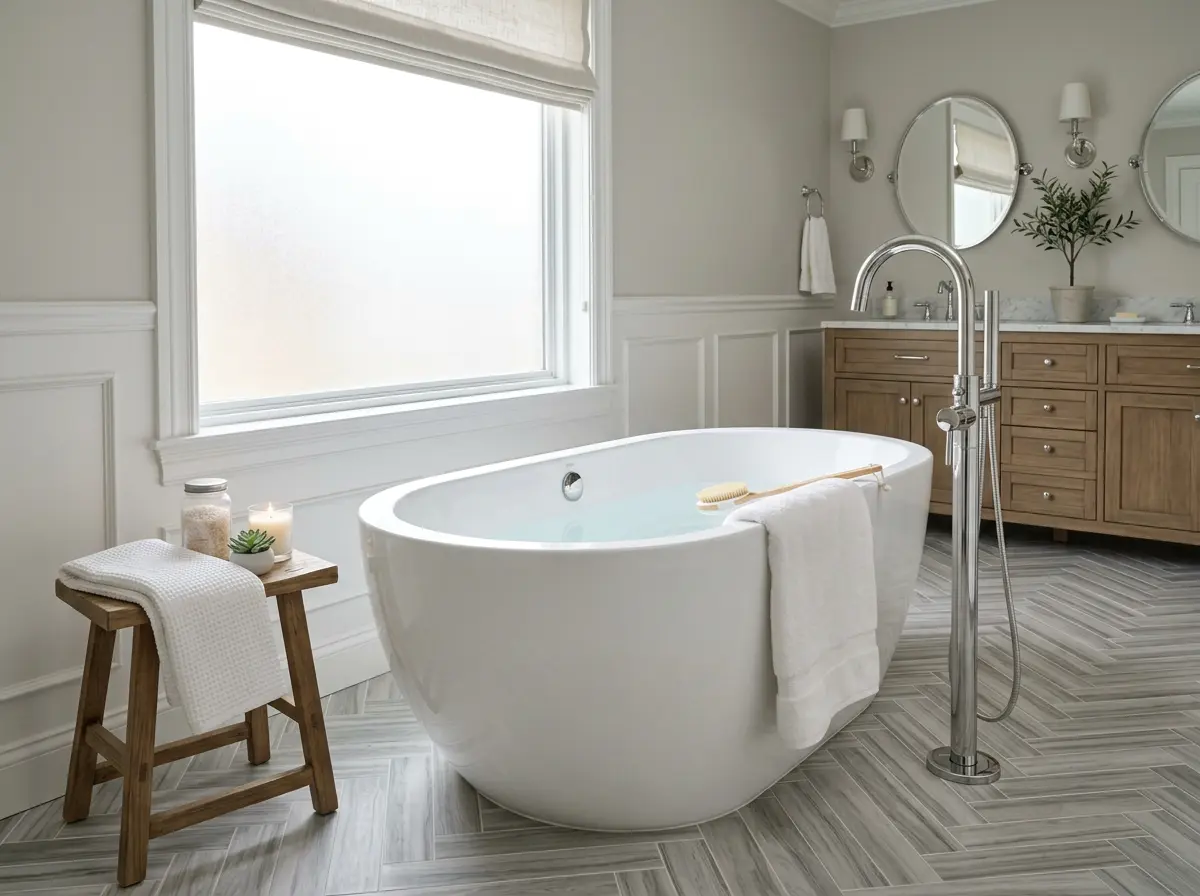 Freestanding soaking tub and herringbone tile floor in renovated Mankato primary bathroom