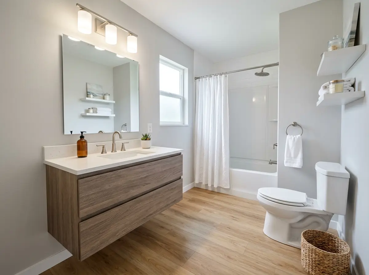 Refreshed hall bathroom in Mankato with modern floating vanity, luxury vinyl plank flooring, brushed nickel fixtures, and vanity bar light