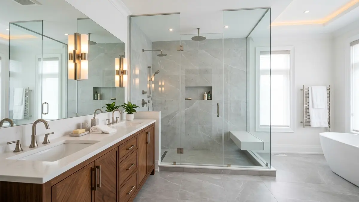 Modern primary bathroom renovation in Mankato MN with 24x48 large-format light grey porcelain tile shower walls, full-width double vanity with quartz countertop, and frameless glass enclosure
