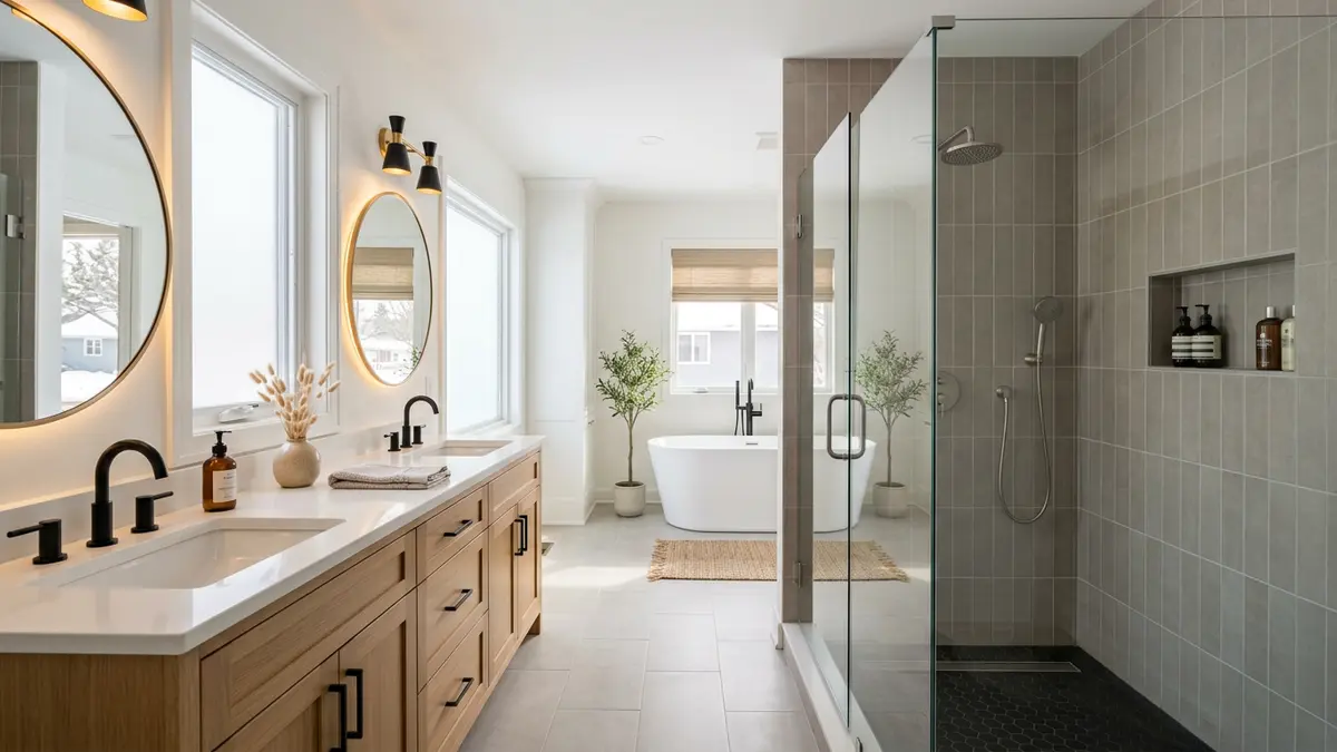 Primary bathroom gut renovation with large walk-in shower and double vanity — Mankato, MN