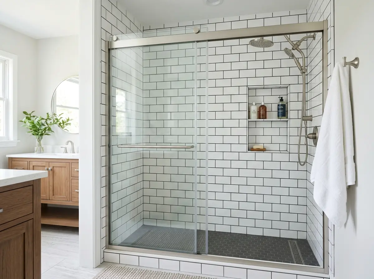 Classic white 3x6 subway tile shower surround with dark charcoal grout, built-in corner niche, and semi-frameless sliding glass door — Mankato bathroom remodel