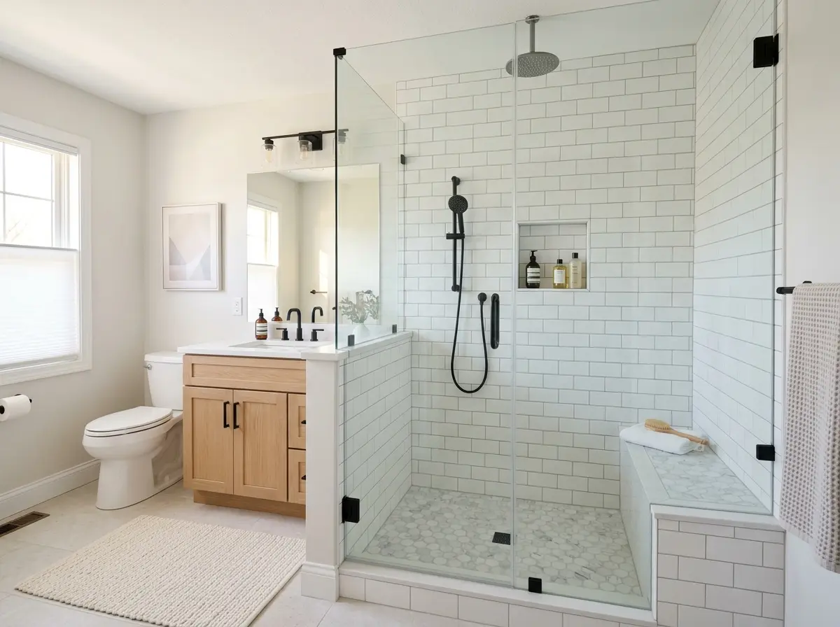 Tub to shower conversion in North Mankato bathroom remodel — tile surround and glass door