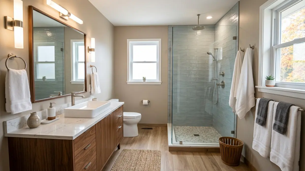 After — walk-in tile shower and double vanity in renovated Washington Park, Mankato bathroom