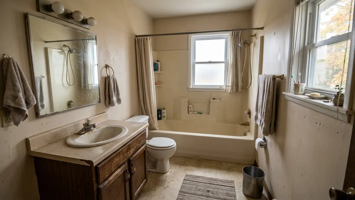 Before — dated bathroom with tub-shower combo and old vanity, Washington Park, Mankato before remodel