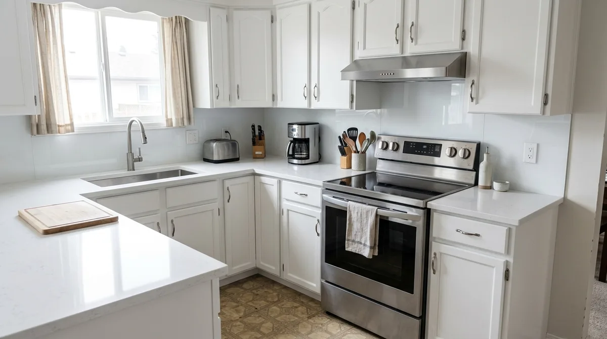 Arctic White quartz countertop with undermount stainless sink installed — countertop-only renovation result, Mankato, MN