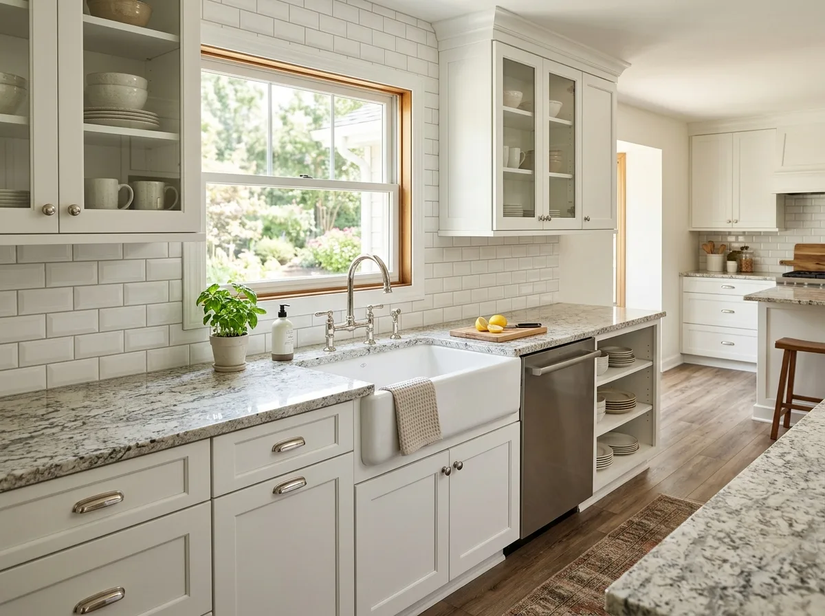 Bianco Romano granite countertop with white apron-front farmhouse sink and beveled subway tile backsplash — Mankato, MN