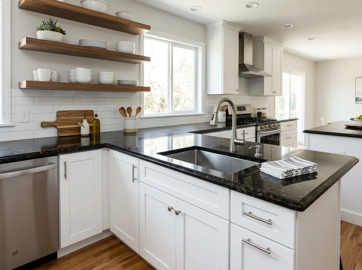 Black Galaxy granite countertops with beveled edge on white shaker lower cabinets and stainless undermount sink — Mankato, MN