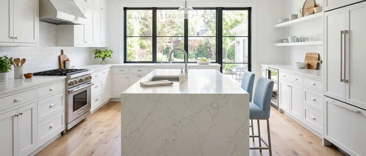 Calacatta-pattern quartz countertops with waterfall island edge and undermount sink, white shaker cabinets — Kitchen Remodeling Mankato