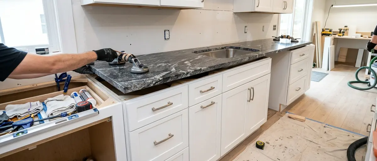 Dark granite countertop with bold white veining being installed over white shaker cabinets with undermount sink cutout — Mankato kitchen remodel