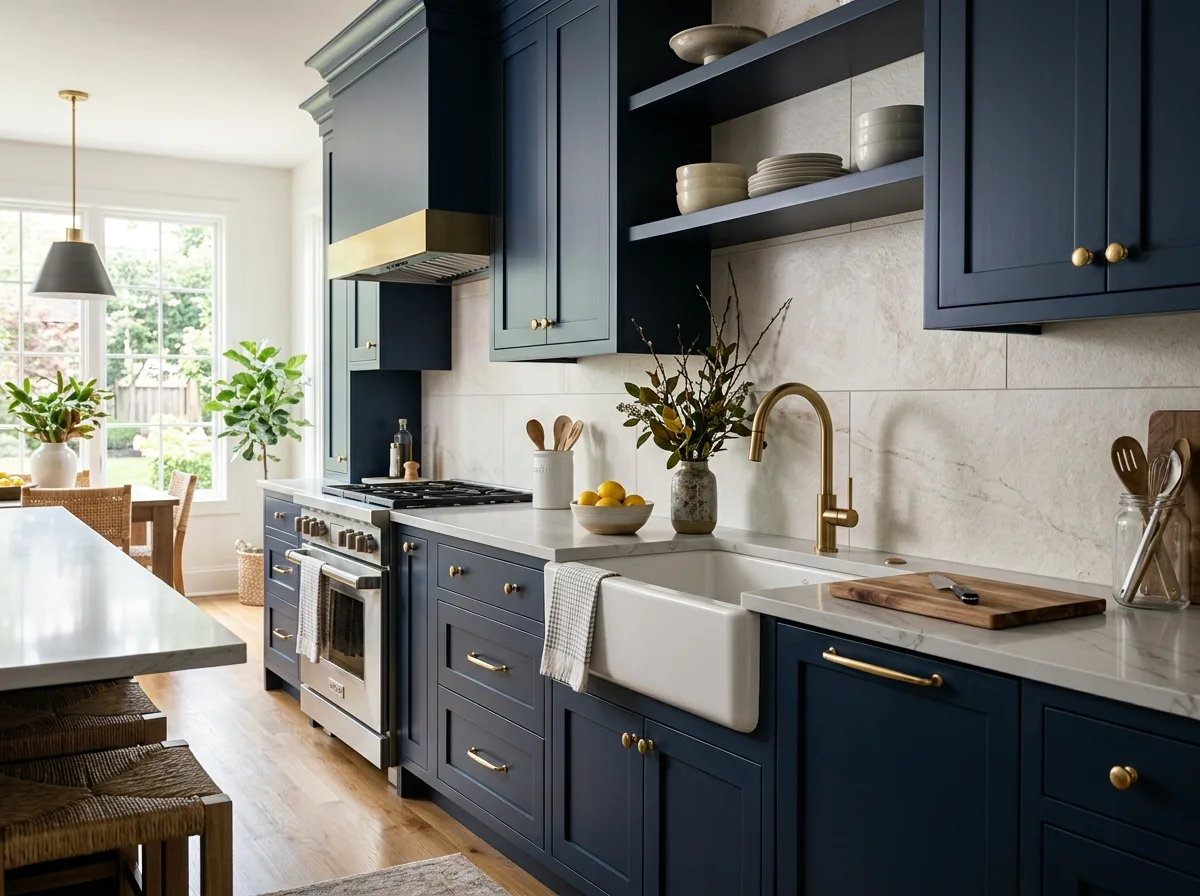 Soft grey quartz countertops on navy blue kitchen cabinets with brushed gold hardware and large format tile backsplash — Mankato, MN