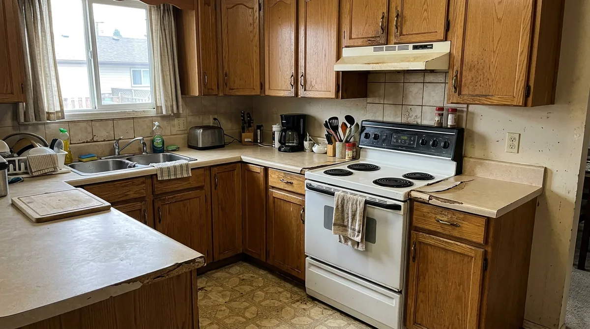 Dated almond laminate countertop with visible seam swelling and chipped edge before renovation — Countertop Installation Mankato