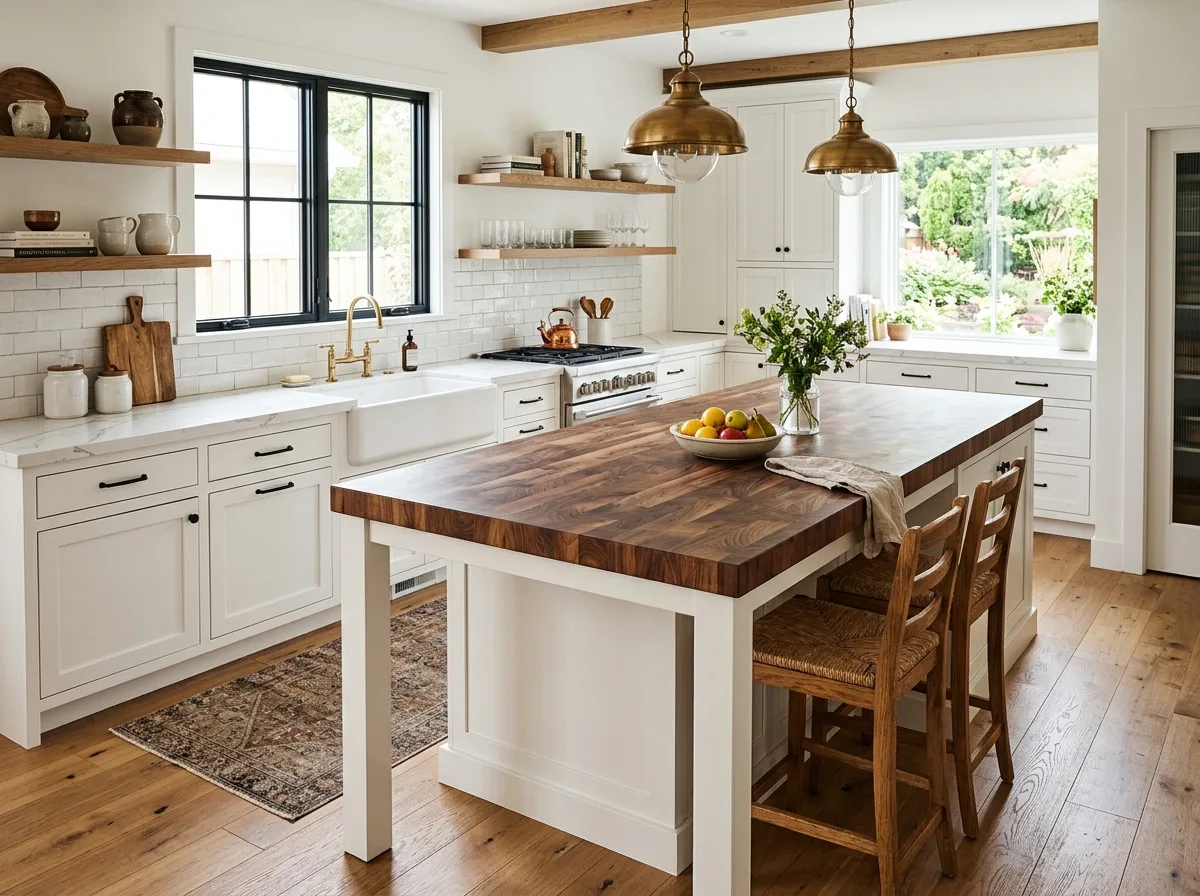 End-grain walnut butcher block island countertop paired with white quartz perimeter counters — Mankato kitchen remodel