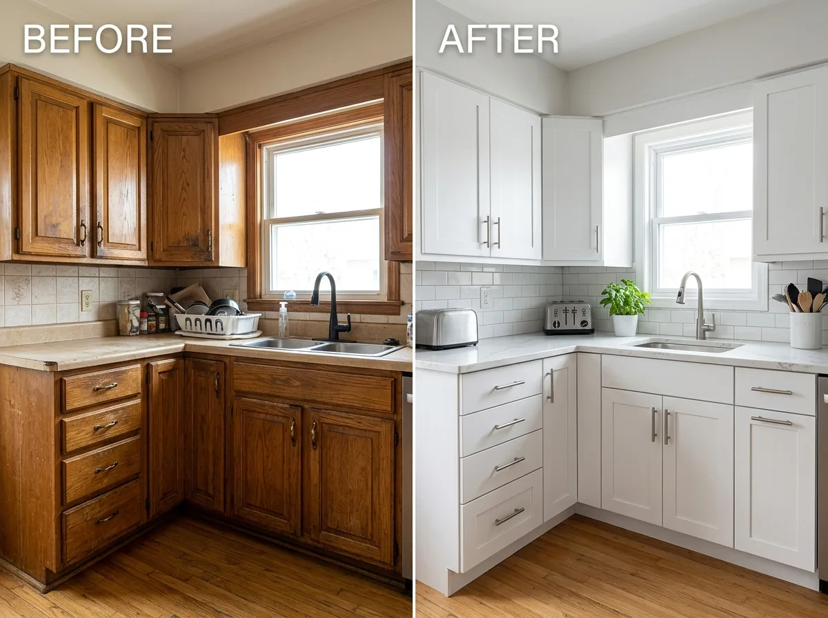 Cabinet refacing before and after — dated oak cabinets replaced with white shaker doors and quartz countertops, Mankato