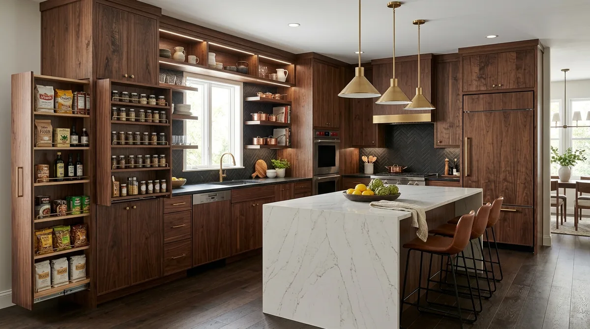 Luxury custom walnut flat-panel cabinets with waterfall marble island, pull-out pantry, and brass hardware — Mankato, MN