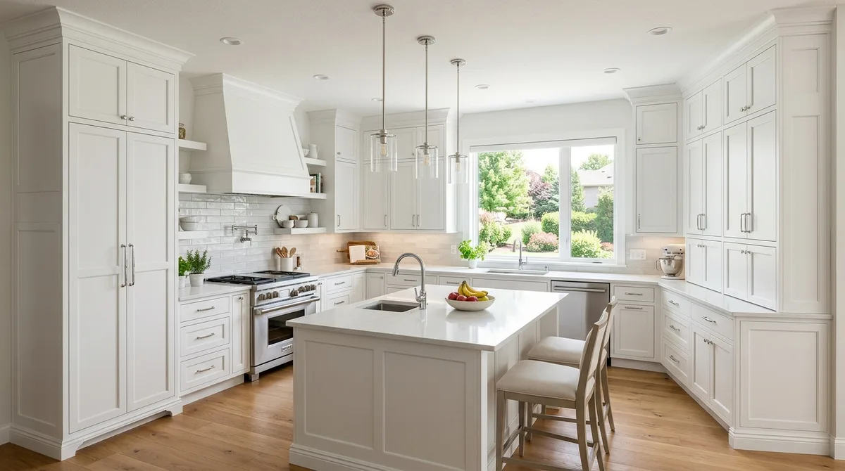 Custom white shaker cabinets floor to ceiling with integrated pantry tower and quartz countertops — Kitchen Remodeling Mankato