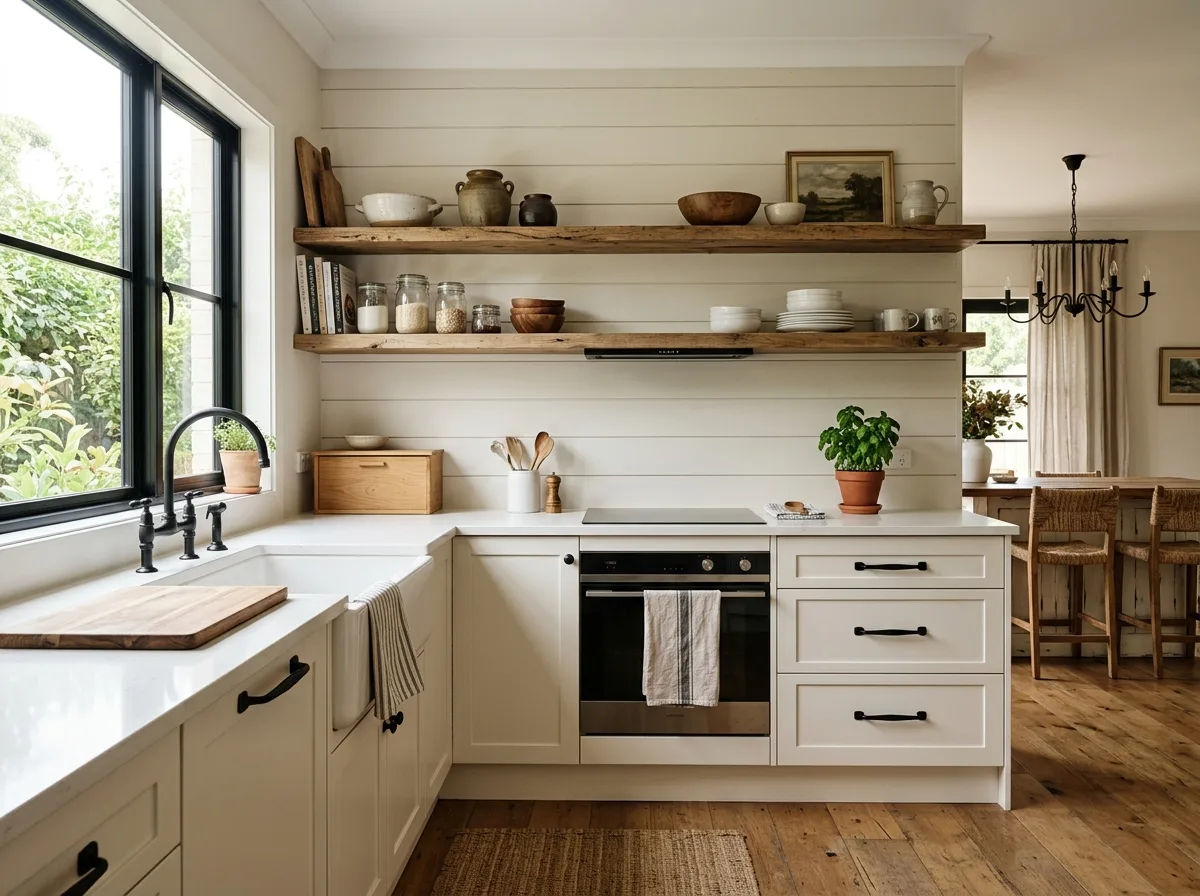 Farmhouse kitchen with cream white shaker cabinets, reclaimed wood open shelving, matte black hardware, and shiplap wall — Mankato, MN