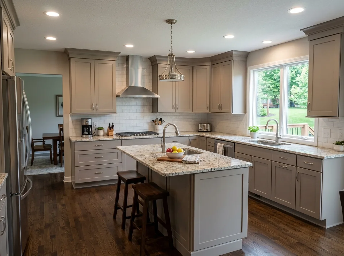 Greige shaker kitchen cabinets with matching centre island, granite countertops, and brushed nickel hardware — Mankato, MN