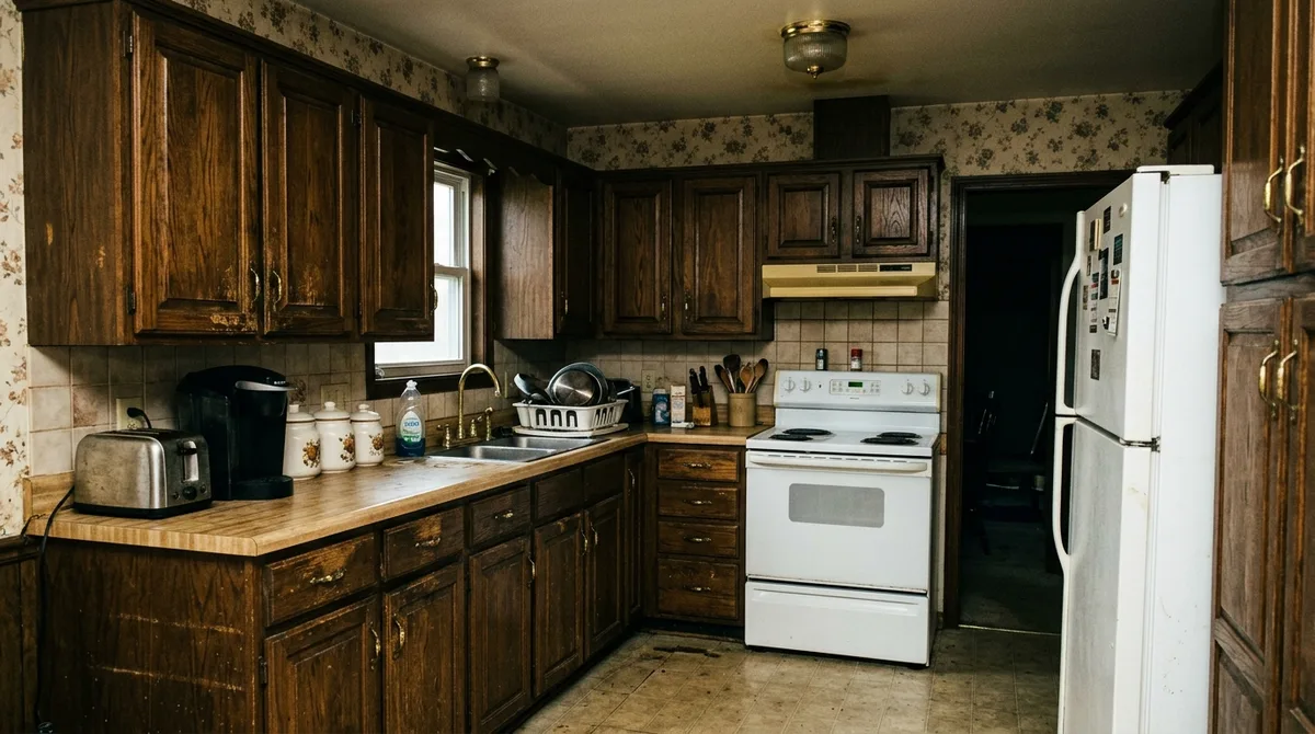Dated oak kitchen cabinets with worn brass hardware before renovation — Kitchen Remodeling Mankato case study